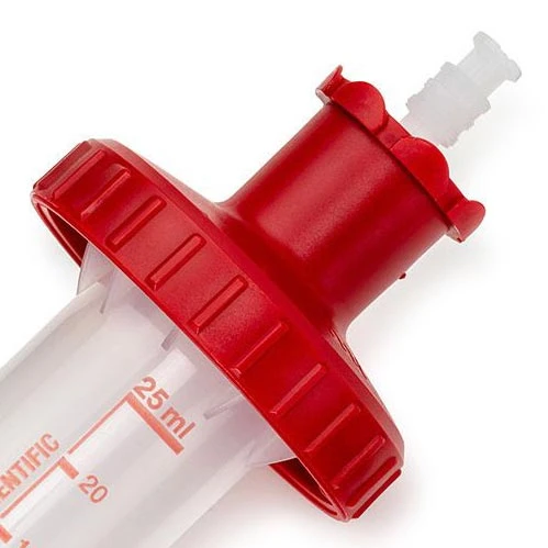 Red plastic adapter attached to a clear, graduated 25ml dispenser syringe tip.