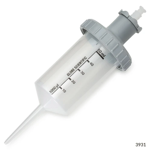 Globe Scientific gray and translucent plastic 50ml dispenser syringe tip adapter viewed at an angle.