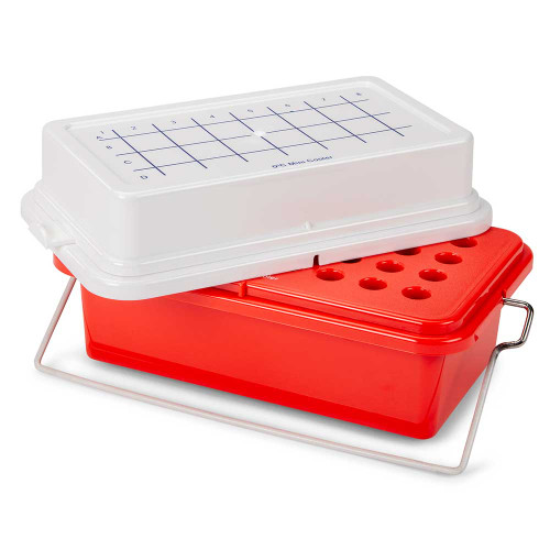 Red 32-place mini centrifuge tube cooler with gel-filled white lid containing a printed grid.