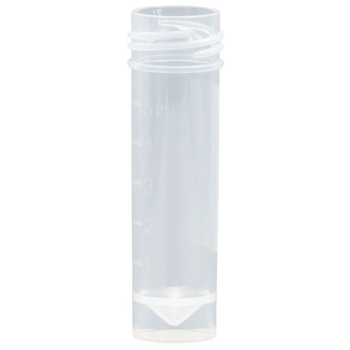Clear plastic 5mL transport tube with molded graduations and a self-standing base.