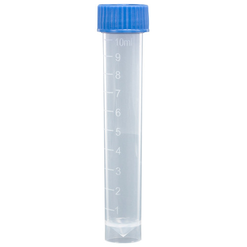 Clear 10mL transport tube with a blue screw cap, conical bottom, and molded volume graduations.