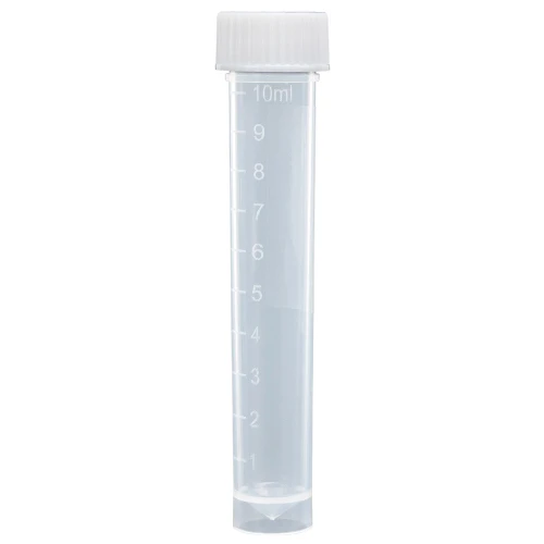 A 10mL clear plastic transport tube with white screw cap and molded volume graduations.