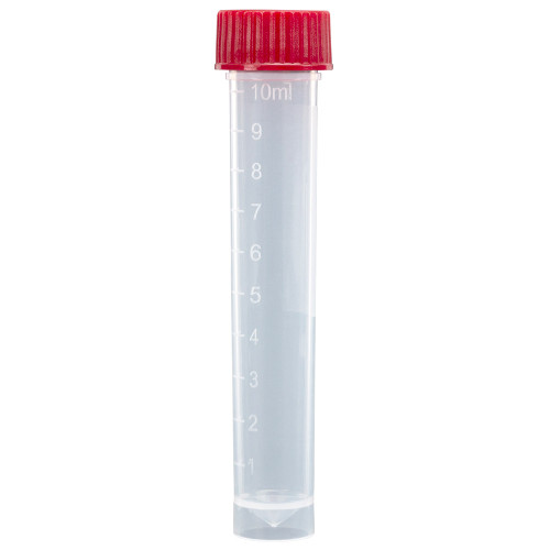 Clear 10mL plastic transport tube with a red screw cap and molded volume graduations.