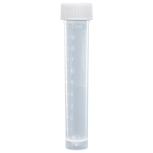 A clear plastic 10mL transport tube with white screw cap and graduated volume markings, standing vertically.