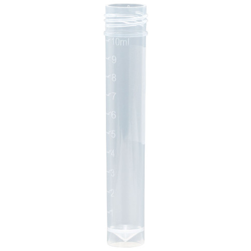 Clear polypropylene 10mL transport tube standing upright with white molded volume graduations.