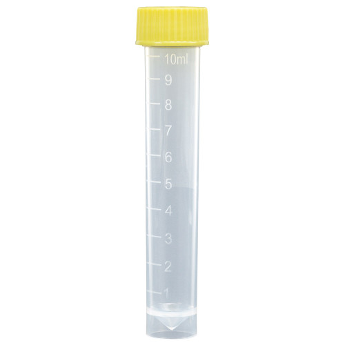 A clear 10mL transport tube with molded graduations, conical bottom, self-standing base, and a yellow screw cap.