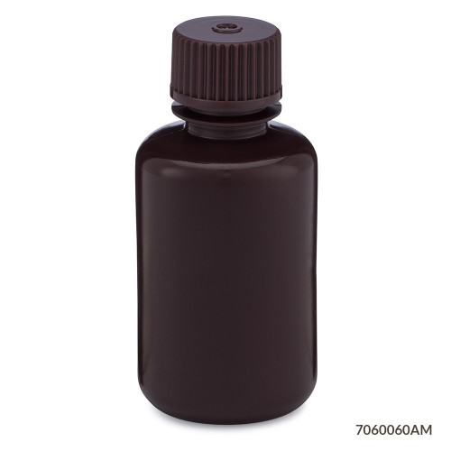 Amber narrow-mouth HDPE lab bottle with a screw cap, viewed from the front.