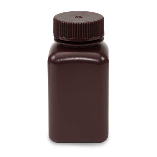 Amber HDPE square laboratory bottle with ribbed cap on a white background.