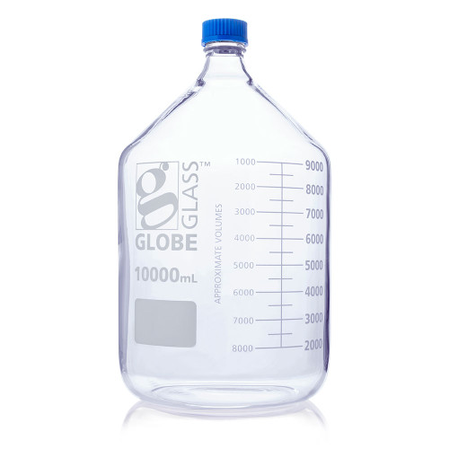Clear 10000mL glass media bottle with dual scale graduations, white logo, and blue screw cap.