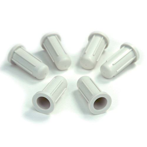Six white plastic centrifuge tube adaptors with ribbed sides and open top ends, arranged on a white background.