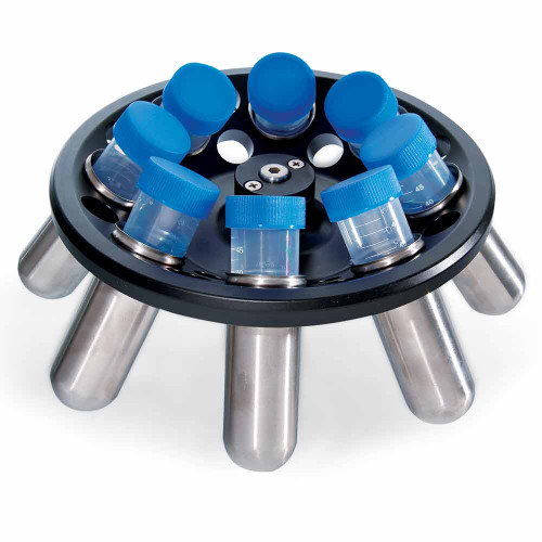 Aluminum alloy centrifuge rotor with 8-place 50mL tubes and blue caps.