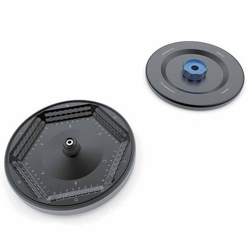 Aluminum alloy centrifuge rotor with fixing clips, PCR strip slots, and separate lid.