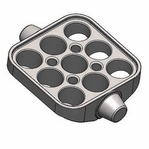 Gray plastic centrifuge bucket with nine circular tube slots and a tapered pivot pin.