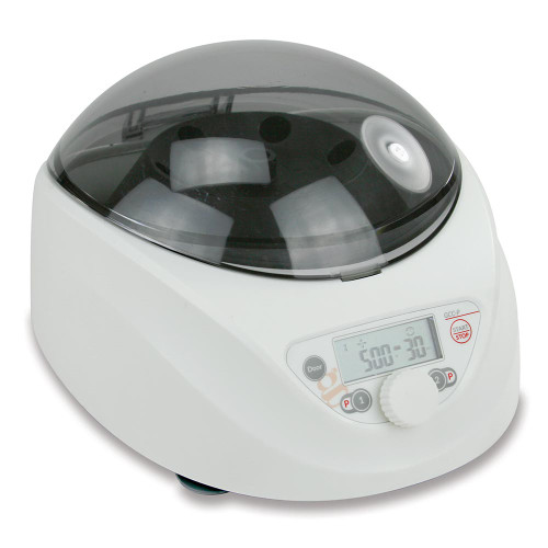 Globe Scientific portable clinical centrifuge in white with a dark tinted dome lid, digital LCD screen, and control knob.