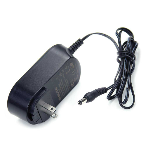 Black wall power adapter with US two-prong plug and coiled DC output cable.
