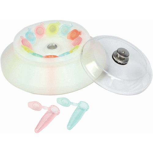 Globe Scientific rotor cavity sleeve with clear lid and colorful microtubes.