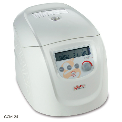 Globe Scientific GCM-24 microcentrifuge in white with digital display, control buttons, and adjustment knob.