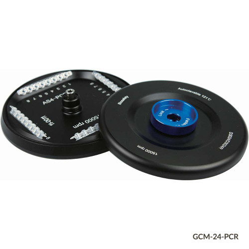 Two black aluminum alloy centrifuge rotors for PCR strips, one with clear strips and one with a blue lid.