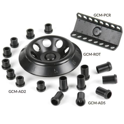 Black plastic mini centrifuge rotor, PCR strip rotor, and adapters labeled GCM-ROT, GCM-PCR, GCM-AD2, and GCM-AD5.