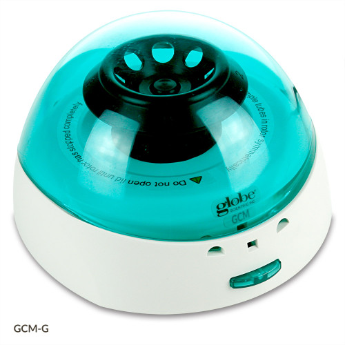 Globe Scientific mini centrifuge with a translucent green dome lid and black rotor on a white base.
