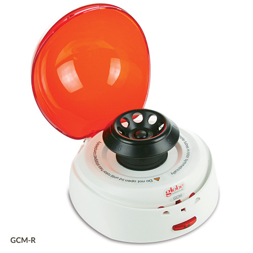 Globe Scientific mini centrifuge with open translucent red lid and black 8-place rotor.