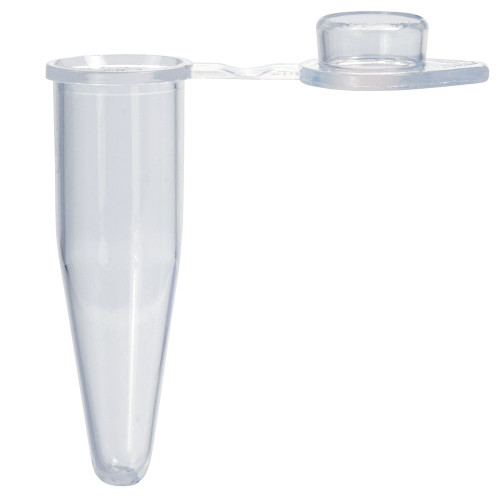Clear plastic 0.2mL PCR tube standing upright with an attached open flat cap.