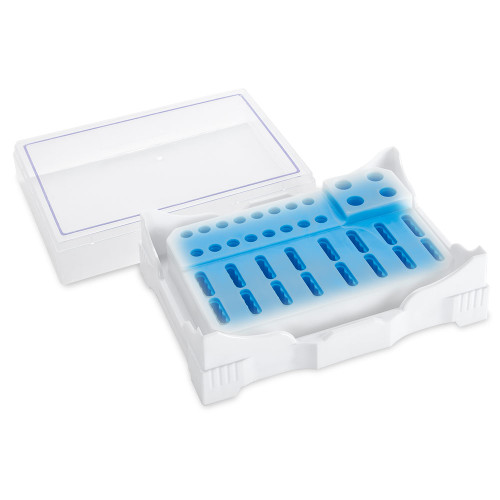 Blue-to-white PCR cold work rack with clear lid, holding various PCR tube sizes.