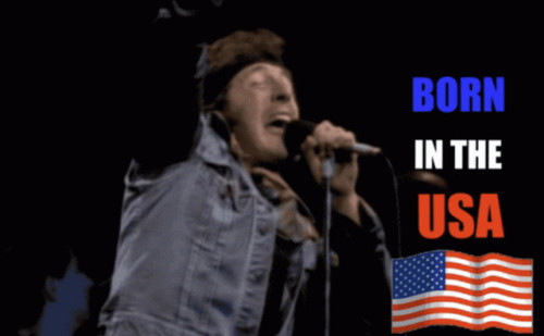Bruce Springsteen singing into a microphone on stage, with the text "BORN IN THE USA" and an American flag.