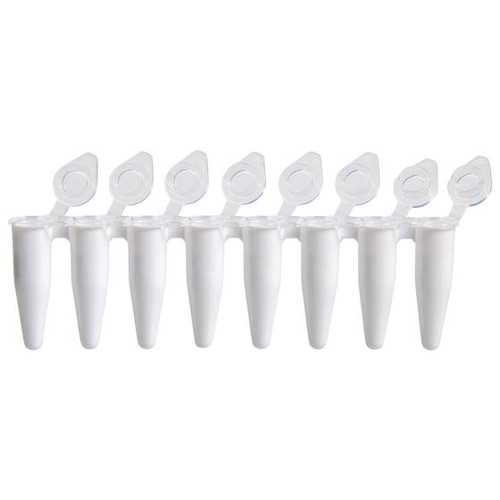 An 8-strip of white 0.1mL PCR tubes with attached clear flat caps at 45-degree angles.