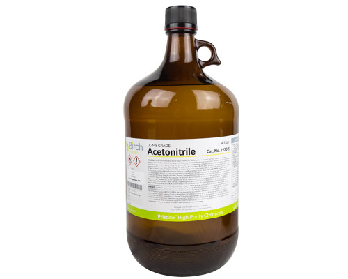Amber glass 4-liter bottle of Birch Biotech Acetonitrile with a black cap and hazard label.