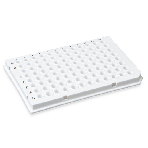 An angled view of a white 96-well PCR plate with clear alphanumeric indexing along the edges.