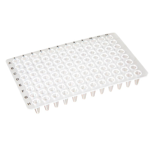 A clear 96-well PCR plate shown at an angle, featuring alphanumeric indexing along the top and side.