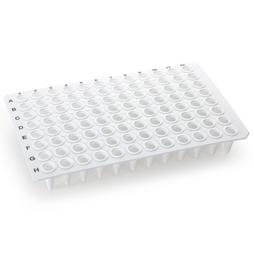White 0.1mL 96-well low-profile PCR plate without a skirt, viewed from an elevated angle.