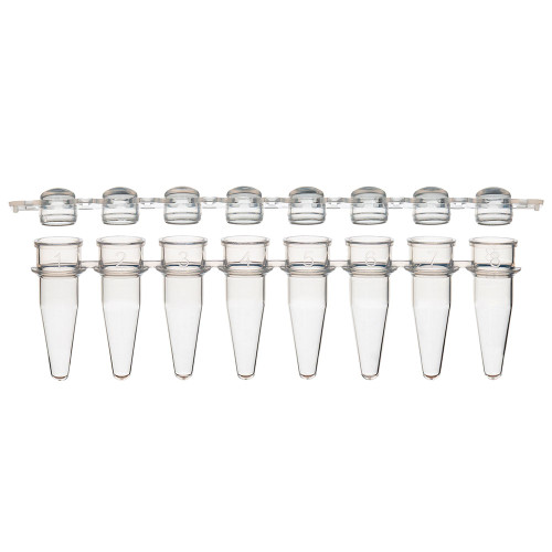 Clear 8-strip PCR tubes and matching dome caps displayed horizontally against a white background.