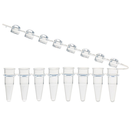 Clear plastic 0.2mL 8-strip PCR tubes with attached hinged dome caps shown open.