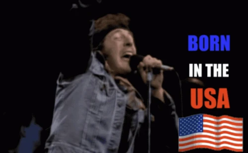 Bruce Springsteen singing into a microphone in front of "Born in the USA" text and an American flag.
