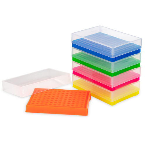 Five stacked colorful PCR racks with translucent lids, plus an orange rack and clear lid in front.