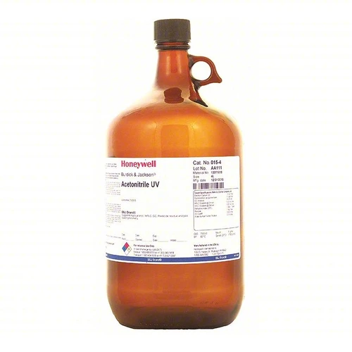 A 4-liter amber glass chemical bottle with a handle, black cap, and white product label.
