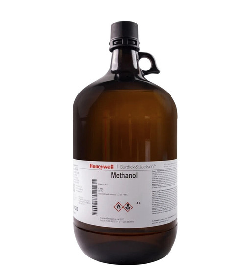 A 4L amber glass bottle of Honeywell Burdick & Jackson methanol with a black cap on a white background.