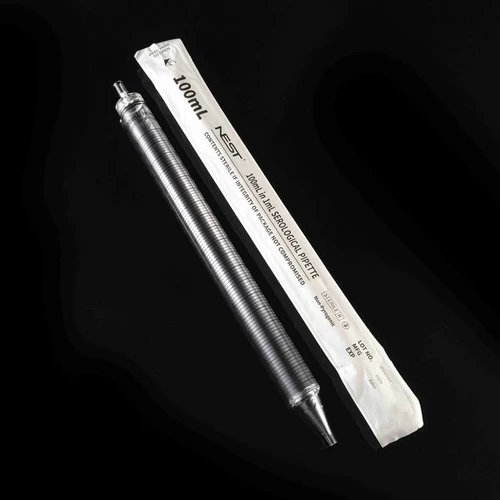 An angled view of a transparent, individually wrapped 100ml Nest serological pipette with detailed black graduation markings.