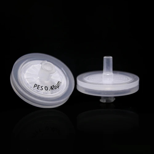 Two transparent plastic syringe filters, one angled to show the PES 0.45um label.