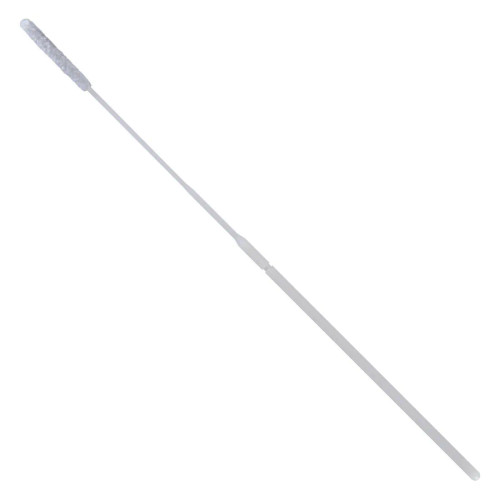 White flexible nasopharyngeal swab with mini flocked tip and shaft breakpoint, diagonally oriented.