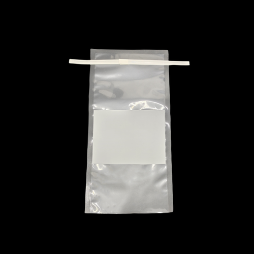 Clear polyethylene sample bag with wire closure at top and white frosted writing label.