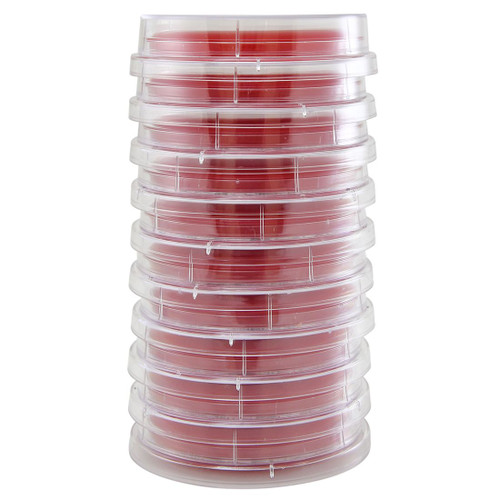 A vertical stack of 10 clear plastic contact plates filled with red blood agar medium.