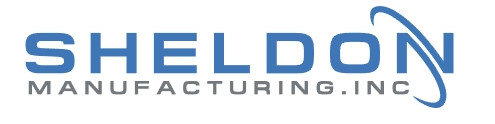 Sheldon Manufacturing Inc logo with blue block letters and a curved swoosh design.