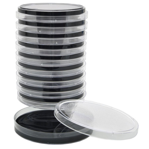 Stack of ten clear plastic Petri dishes filled with black BCYE agar, with one open dish beside it.