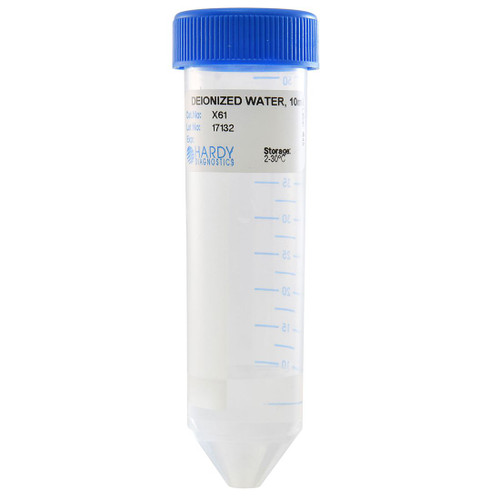A clear plastic centrifuge tube with blue cap and measurement markings, filled with 10ml deionized water.