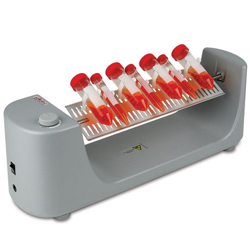 Gray analog tube rotator holding rows of 15mL and 50mL centrifuge tubes with red caps.