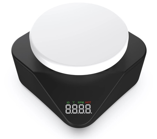 A black and white magnetic hotplate stirrer pod from a top-down angle, featuring a digital display on the front.