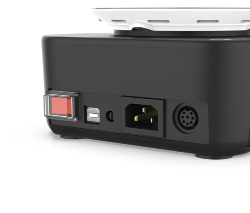 Rear panel view of the 4E's Scientific Magnetic Hotplate Stirrer Pod showing the power switch, USB port, power connector, and
